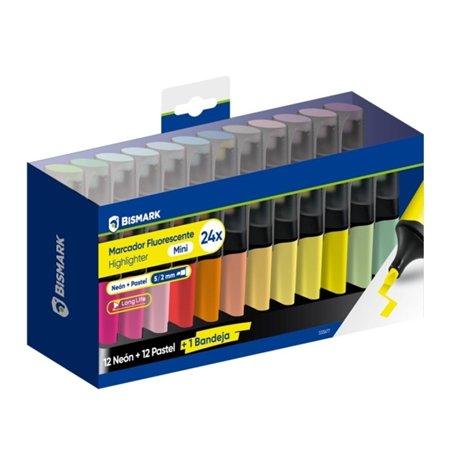Conjunto de mesa Bismark de longa duração com 24 mini marcadores fluorescentes - 12 neon e 12 pastel - Tinta de secagem rápida -