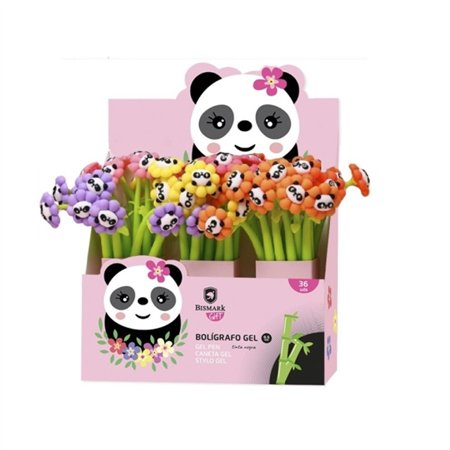 Caneta Bismark Animals Panda Soft Touch com Flores e Rosto de Panda - Ponta Fina - Tinta Gel Preta - 6 Desenhos Diferentes