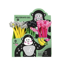 Caneta Bismark Animals Gorilla Soft Touch com Gorilas Divertidos - Ponta Fina - Tinta Gel Preta - 3 Desenhos Diferentes