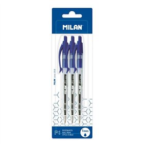 Conjunto de 3 canetas esferográficas retráteis Milan P1 - Ponta redonda de 1 mm - Corpo transparente - Azul