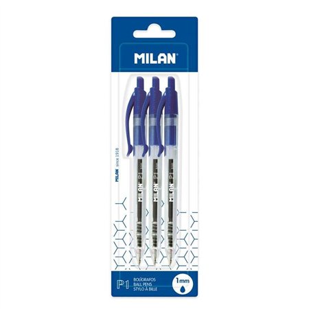Conjunto de 3 canetas esferográficas retráteis Milan P1 - Ponta redonda de 1 mm - Corpo transparente - Azul