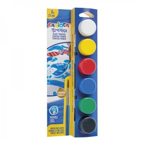 Kit Carioca com 6 tintas têmpera em potes de 25ml + pincel - Super laváveis - Misturáveis - Cores sortidas