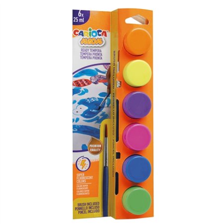Kit Carioca Neon com 6 tintas têmpera em potes de 25ml + pincel - Super laváveis - Misturáveis - Cores neon sortidas