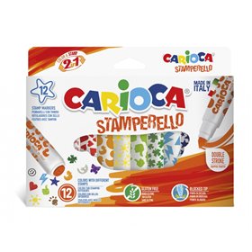 Carioca Stamperello Pacote com 12 Marcadores de Ponta Dupla - Ponta Cônica - Ponta para Carimbo - Tinta Lavável - Cores Sortidas