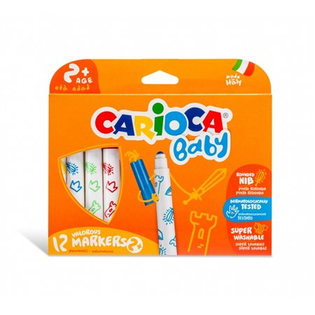 Kit com 12 Canetinhas Carioca Baby - Ponta Redonda e Travada - Corpo Grande - Super Laváveis - Dermatologicamente Testadas - Cor