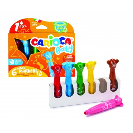 Kit com 6 Canetinhas Carioca Baby Teddy - Super Seguras - Formato Ergonômico - Tinta Super Lavável - Testadas Dermatologicamente