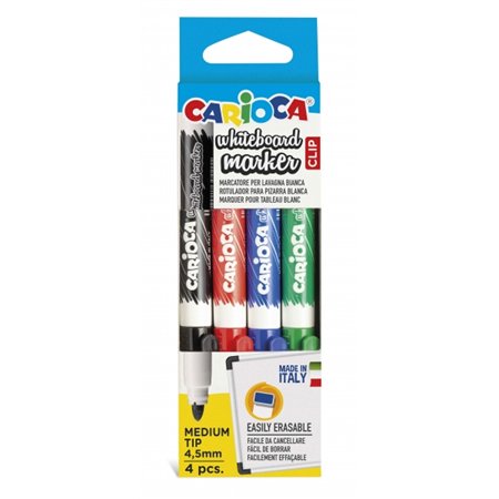 Conjunto de 4 Marcadores Apagáveis para Quadro Branco Carioca com Clipe - Ponta Média - Diâmetro da Ponta 4,5mm - Secagem Rápida