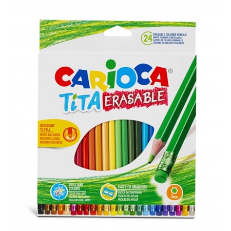 Carioca Tita - Pacote com 24 Lápis de Resina Apagáveis - Corpo Hexagonal - Cores Vibrantes e Laváveis - Escrita Macia - Mina de 