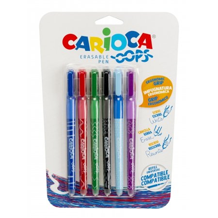 Carioca Oops - Pacote com 6 Canetas Apagáveis - Tinta Termossensível - Empunhadura Triangular Ergonômica - Ponta de 0,7 mm - Bor