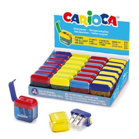 Suporte Carioca com 24 mini apontadores de lápis de 2 furos e estojo de armazenamento - Tampa de segurança na lâmina - Cores sor