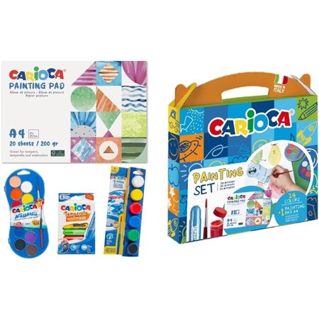 Kit de pintura Carioca com 12 aquarelas, 6 tintas têmpera e 6 tintas têmpera sólidas + bloco com 20 folhas A4 - Cores sortidas