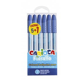 Conjunto de 5+1 Canetas Esferográficas Carioca Fiorella Ø 1mm - Corpo Transparente - Escrita Brilhante e Colorida - Azul