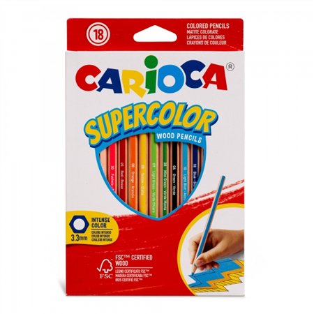 Conjunto de 18 lápis de cor Carioca Supercolor - Corpo hexagonal de madeira - Cores intensas e alta opacidade - Mina de 3,3 mm -