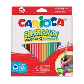 Conjunto de 24 lápis de cor Carioca Supercolor - Corpo triangular de madeira - Cores intensas e alta opacidade - Mina de 3,5 mm 