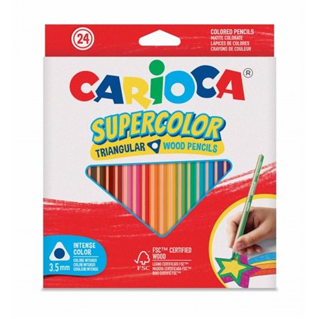 Conjunto de 24 lápis de cor Carioca Supercolor - Corpo triangular de madeira - Cores intensas e alta opacidade - Mina de 3,5 mm 