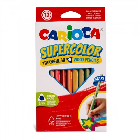 Carioca Supercolor - Pacote com 12 Lápis de Madeira - Corpo Triangular Maxi - Cores Intensas e Alta Opacidade - Ponta Grossa Ø 5