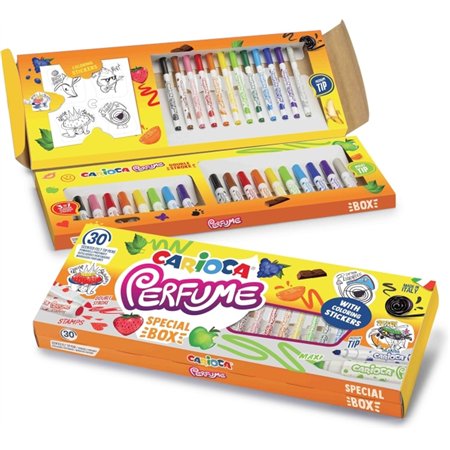 Conjunto de 30 marcadores perfumados Carioca - 12 de ponta média, 10 de ponta maxi e 8 de ponta maxi e ponta de carimbo - Ideal 