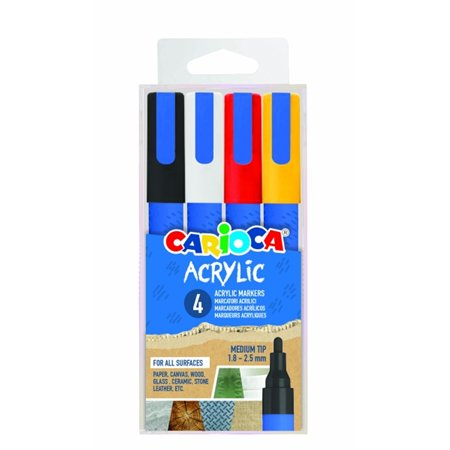 Conjunto de 4 Marcadores de Tinta Acrílica Carioca - Ponta Redonda Média 1,8-2,5mm - Tinta à Base de Água - Alta Cobertura - Cor