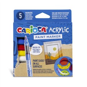 Conjunto de 5 Marcadores de Tinta Acrílica Carioca - Ponta de Pincel - Tinta à Base de Água - Alta Cobertura - Cores Sortidas