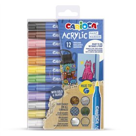 Conjunto de 12 Marcadores de Tinta Acrílica Carioca - Ponta Maxi - Tinta à Base de Água - Alta Cobertura - Cores Sortidas