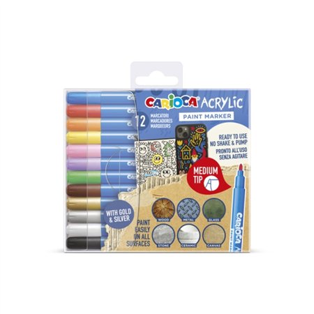 Conjunto de 12 Marcadores de Tinta Acrílica Carioca - Ponta Média - Tinta à Base de Água - Alta Cobertura - Cores Sortidas
