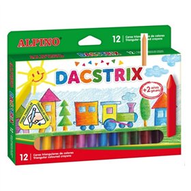 Conjunto de 12 giz de cera Alpino Dacstrix, semi-macios, em formato triangular, misturáveis, não mancham e em cores sortidas.