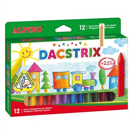 Conjunto de 12 giz de cera Alpino Dacstrix, semi-macios, em formato triangular, misturáveis, não mancham e em cores sortidas.