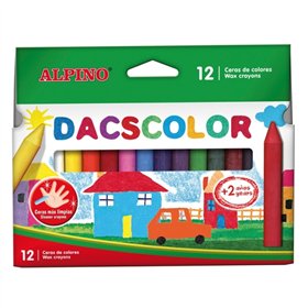 Conjunto de 12 giz de cera Alpino Dacscolor, semi-macios, misturáveis, não mancham e em cores sortidas.