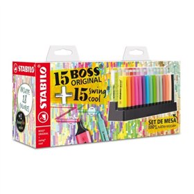 Conjunto de marcadores Stabilo para mesa com 15 marcadores Stabilo Boss e 15 marcadores Swing Cool - Tinta à base de água - Core