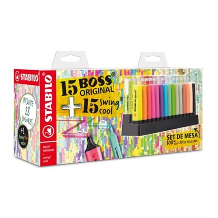 Conjunto de marcadores Stabilo para mesa com 15 marcadores Stabilo Boss e 15 marcadores Swing Cool - Tinta à base de água - Core