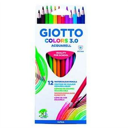 Giotto Colors Acquarell 3.0 - Pacote com 12 Lápis de Aquarela Triangulares - Mina de 3 mm - Madeira - Cores Sortidas