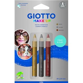 Kit de Maquiagem Metálica Giotto com 3 Lápis Cosméticos - Laváveis - Dermatologicamente Testados - Cores Metálicas Sortidas