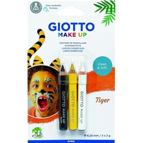 Kit de Maquiagem Giotto Tiger com 3 Lápis de Maquiagem Temáticos de Tigre - Laváveis - Dermatologicamente Testados - Cores Sorti