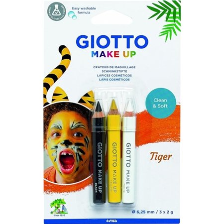 Kit de Maquiagem Giotto Tiger com 3 Lápis de Maquiagem Temáticos de Tigre - Laváveis - Dermatologicamente Testados - Cores Sorti