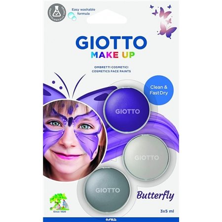 Kit de Maquiagem Giotto com 3 Tintas Faciais Temáticas de Borboletas - Sai com Água - Testado Dermatologicamente - Cores Sortida