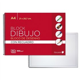 Caderno de desenho espiral dourado A4, 20 folhas com borda interna - papel de 100 g/m²