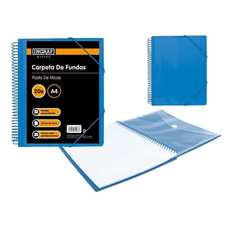 Pasta Ingraf A4 com 20 bolsos + envelope com fecho de pressão - Encadernação em espiral de plástico indeformável - Abertura de 3