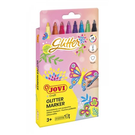 Estojo de Marcadores Jovi com Glitter e 8 Marcadores com Efeito Glitter - Tinta à Base de Água - Cabo Triangular Ergonômico - Po