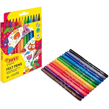 Conjunto de 12 Canetas de Feltro Jovi - Ponta de 3mm - Ampla Variedade de Cores - Tinta de Alta Fixação - Tampa Ventilada - Empu
