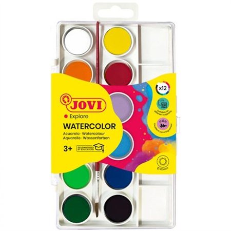 Jovi Kit com 12 Pastilhas de Aquarela 22mm + Pincel - Cores Vibrantes - Fáceis de Misturar - Cores Sortidas