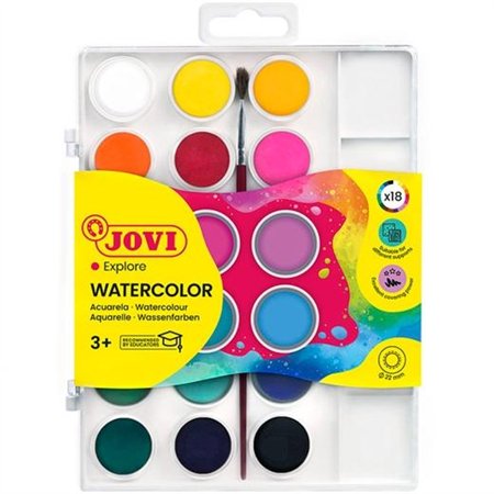 Conjunto Jovi com 18 pastilhas de aquarela de 22 mm + pincel - Cores vibrantes - Fáceis de misturar - Cores sortidas