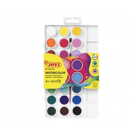 Conjunto Jovi com 24 pastilhas de aquarela de 22 mm + pincel - Cores vibrantes - Fáceis de misturar - Cores sortidas