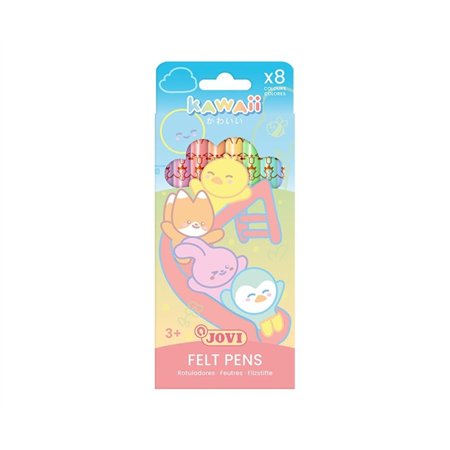 Conjunto de 8 Canetas de Feltro Jovi Kawaii, Ponta Média de 3mm - Tampa de Segurança Ventilada - Empunhadura Triangular Ergonômi