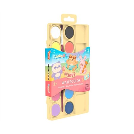 Jovi Kawaii Kit com 12 pastilhas de aquarela de 22mm + pincel - Fácil de misturar - Cores Kawaii sortidas