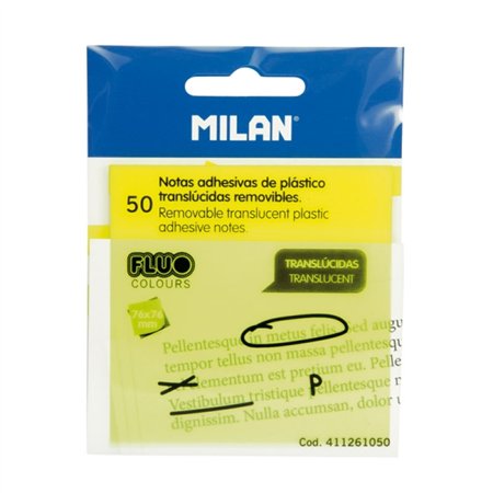 Pacote com 50 blocos de notas adesivas Milan Fluo - Translúcidas - Removíveis - 76x76mm - Amarelas