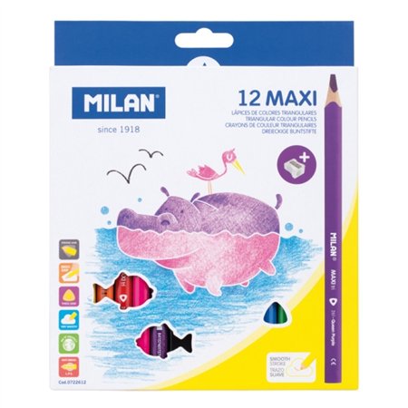 Conjunto Milan Maxi com 12 Lápis de Cor - Inclui Apontador - Hexagonais - Cores Sortidas