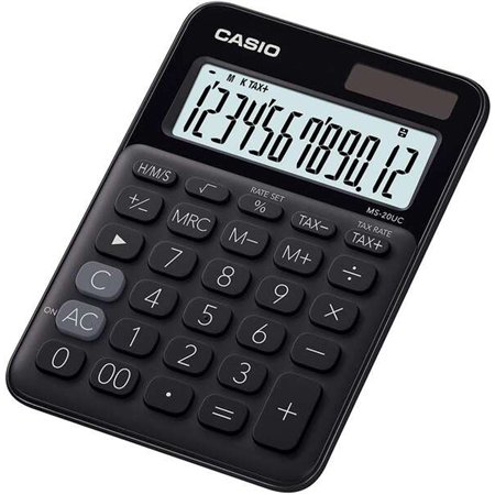 Calculadora de mesa compacta Casio MS-20UC - Visor LCD de 12 dígitos - Alimentação solar e por bateria - Preta
