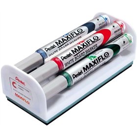 Conjunto de 4 Marcadores para Quadro Branco Pentel Maxiflo + Apagador Magnético - Ponta Redonda - Espessura da Linha de 2mm - Fl