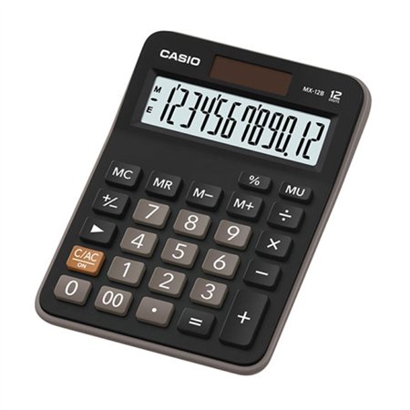 Calculadora de mesa compacta Casio MX-12B - Visor LCD de 12 dígitos - Alimentação solar e por bateria - Preta