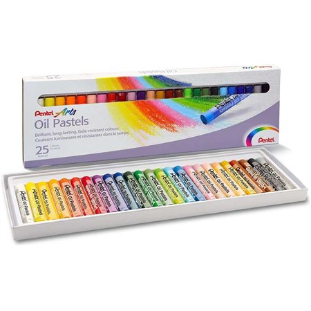 Pastéis a óleo Pentel, pacote com 25 unidades - Macios, cremosos e de secagem lenta - Cores sortidas